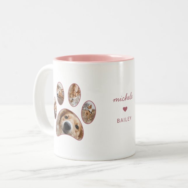 Pet Lovers Pink Paw Print Name Collage Zweifarbige Tasse (Vorderseite Links)