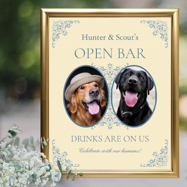 Pet Lovers Yellow Chic Wedding Open Bar Sign Poster (elegant butter yellow wedding open bar sign for pet lovers with 2 photos and vintage border design)