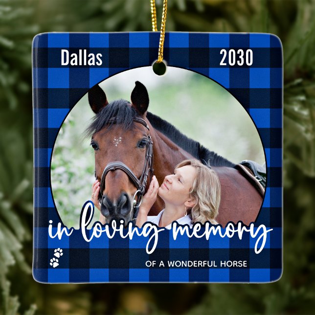 Pet Memorial Blue Kariert Horse Pet Loss Keepake Keramikornament (Von Creator hochgeladen)