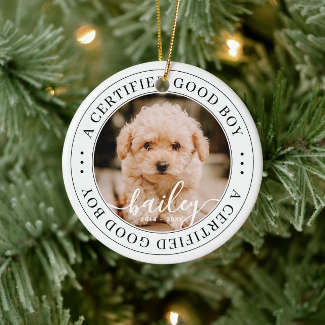 Pet Memorial Certified Good Boy Custom Foto Keramik Ornament (Baum)