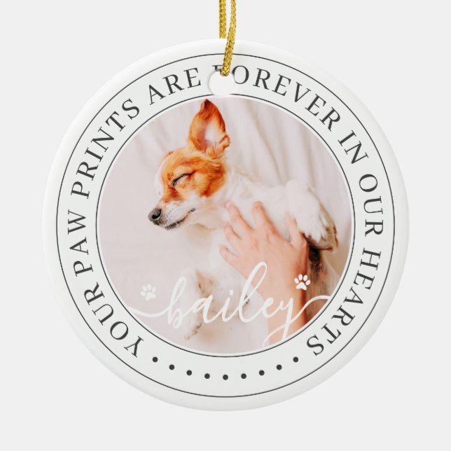 Pet Memorial Paw Prints Hearts Elegantes Chic Foto Keramik Ornament (Vorne)