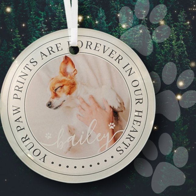 Pet Memorial Paw Prints Hearts Elegantes Chic Foto Ornament Aus Glas (Von Creator hochgeladen)