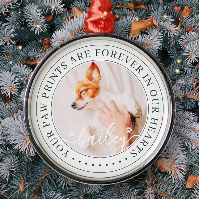 Pet Memorial Paw Prints Hearts Elegantes Chic Foto Ornament Aus Metall (Von Creator hochgeladen)