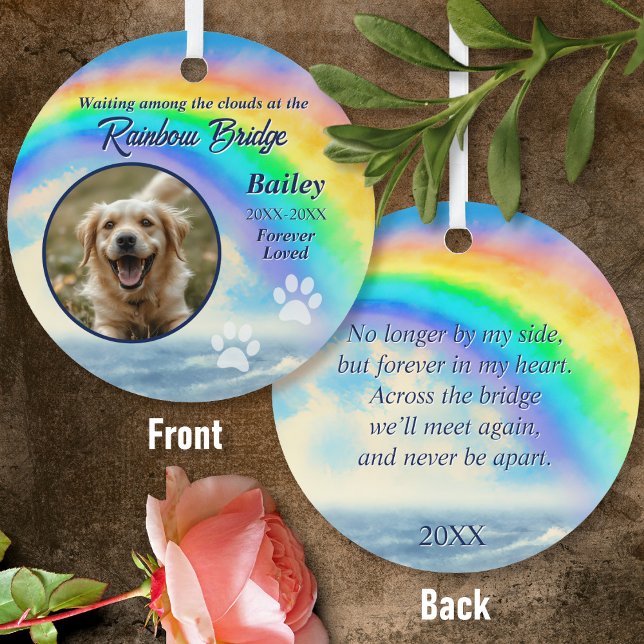 Pet Memorial Rainbow Bridge Photo & Paw Print Ornament Aus Metall (Front/Back)