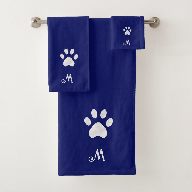 Pet Paw & Monogram auf dem navy Blue Bath Handtuch Badhandtuch Set (Insitu)