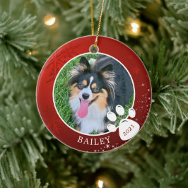 Pet Paw Print Christmas Red Snowflake Stars Foto Keramik Ornament
