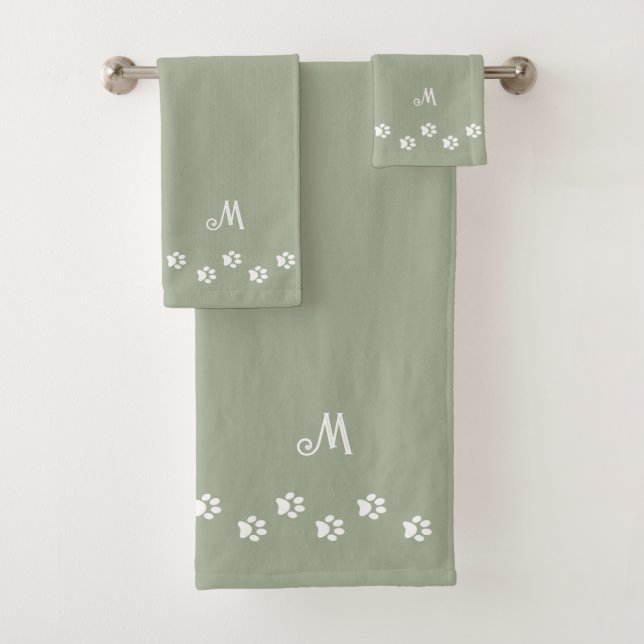 Pet Paws & Monogram on Sage Green Bath Towel Set (Insitu)