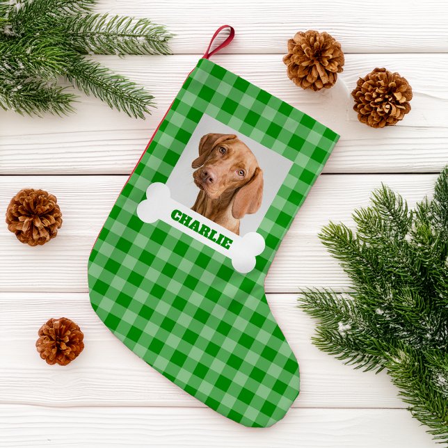 Pet Photo and Dog Bone with Name on Green Plaid Kleiner Weihnachtsstrumpf (Von Creator hochgeladen)