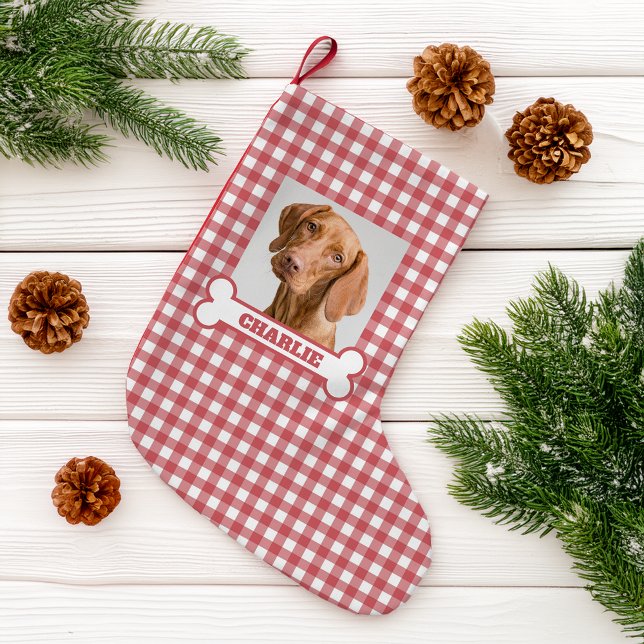 Pet Photo & Dog Bone with Name on Red White Plaid Kleiner Weihnachtsstrumpf (Von Creator hochgeladen)