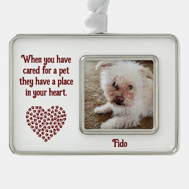 Pet Quote Red Pawprint ausgefüllte Herzform und Na Rahmen-Ornament Silber (Vorderseite)