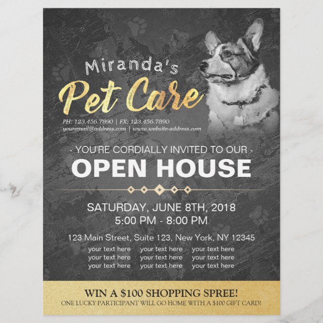 Pet Shop Open House Schwarz & Weiß Dog Ölgemälde Flyer (Vorne)