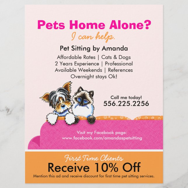 Pet Sitter Coupon Ad Yorkie Cat Couch Pink Flyer (Vorne)