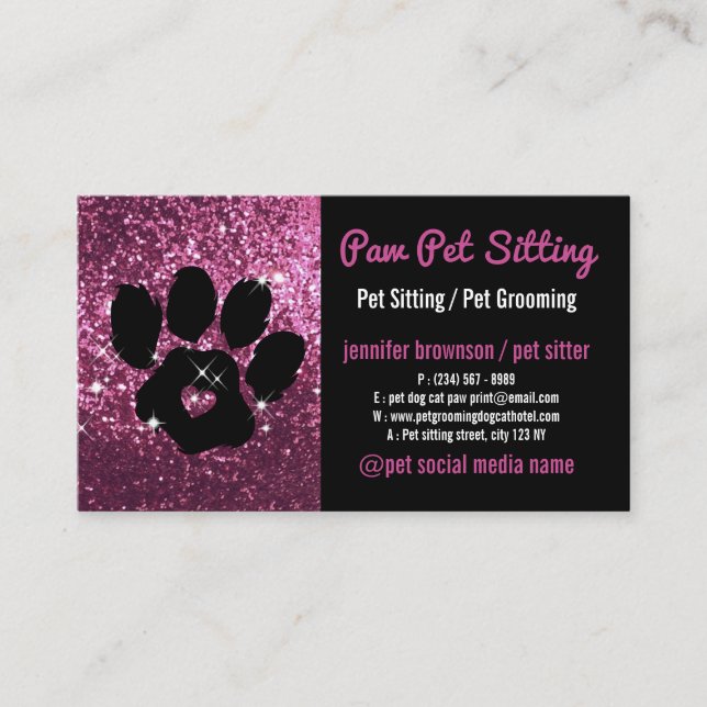 Pet Sitter Grooming Glitzer Rose Black Dog Katze P Visitenkarte (Vorderseite)