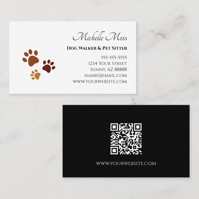 Pet Sitter QR code Cute Brown Paw Prints  Visitenkarte (Vorne/Hinten)