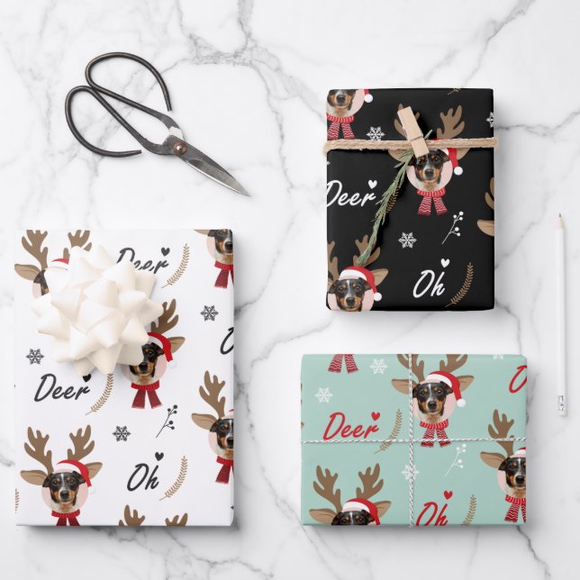 Pet Star | Custom Face Foto Rentier Weihnachten Geschenkpapier Set (Vorderseite)