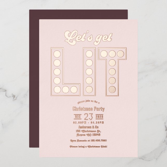Petal Glow Let's Get Lit Retro Christmas Party Folieneinladung (Vorderseite/Rückseite)