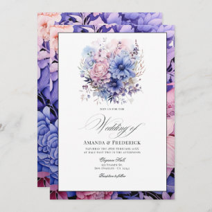 Petal Pink, Cornflower Blue & Mauve Floral Wedding Einladung