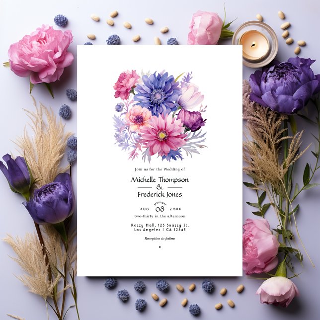 Petal Pink, Cornflower Blue & Mauve Floral Wedding Einladung (Von Creator hochgeladen)
