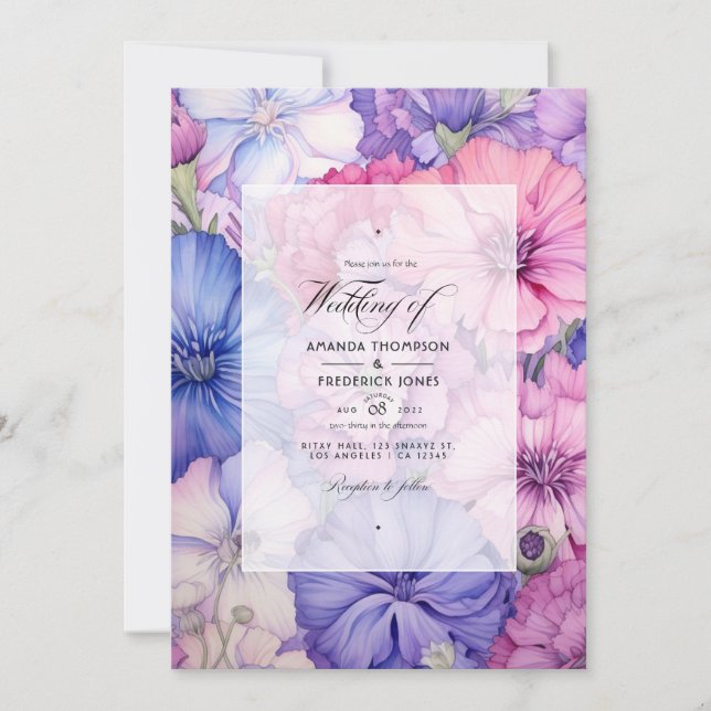 Petal Pink, Cornflower Blue & Mauve Floral Wedding Einladung (Vorderseite)