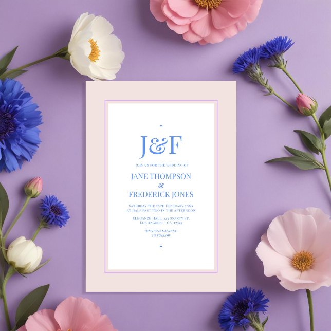 Petal Pink, Cornflower Blue & Mauve Lila Hochzeit Einladung (Petal Pink, Cornflower Blue and Mauve Purple Wedding Invitation)