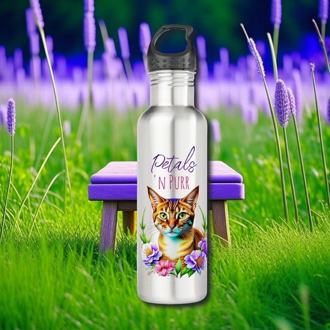Petalen und Niedliche Katze und Hübsche Blume Edelstahlflasche (Von Creator hochgeladen)