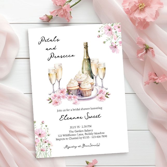 Petalen und Prosecco Pink Brautparty Einladung (Petals & Prosecco Invitation from Cupcakes and Cava Bridal Shower Collection by Darling & May)