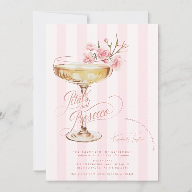 Petalen und Prosecco-rosa Brautparty Einladung (Vorderseite)