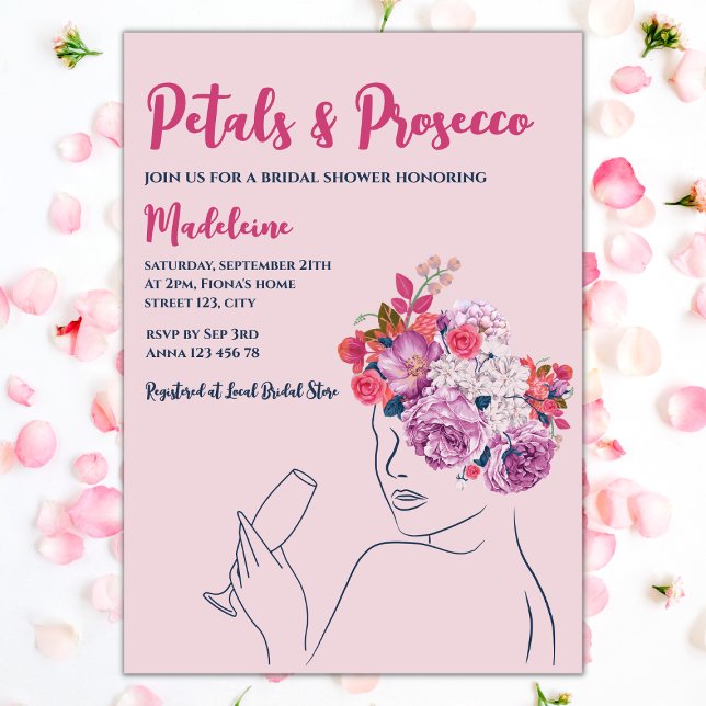 Petalen und Prosecco-rosa Brautparty Einladung (petals and prosecco bridal showerinvitation blush floral wreath woman silhouette)