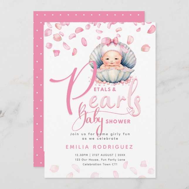 Petals and Pearls Pink Baby Girl Dusche Einladung (Vorne/Hinten)