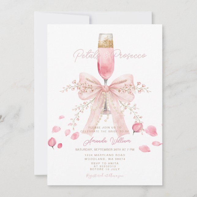 Petals and Prosecco Blush Bow Petals Bridal Shower Einladung (Vorderseite)