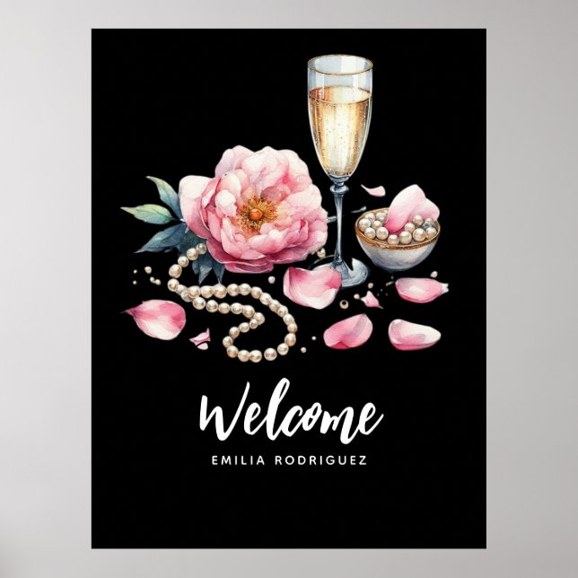 Petals Pearls Prosecco Favoriten Willkommenszeiche Poster (Vorne)