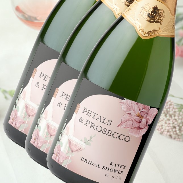 Petals & Prosecco Black & Rose Gold Brautparty (Petals & Prosecco Black & Rose Gold Bridal Shower Sparkling Wine Label
)