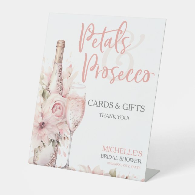 Petals & Prosecco Blush Pink Blumenkarten & Gesche Sockelschild (Vorderseite)