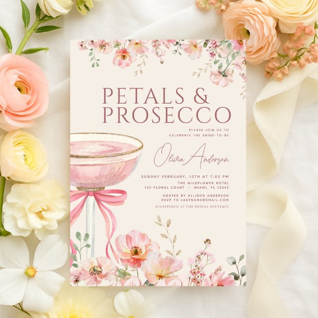 Petals & Prosecco Blush Pink Bow Bridal Shower  Einladung (Von Creator hochgeladen)