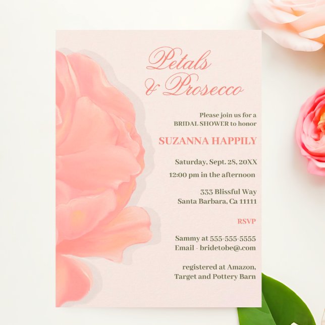 Petals & Prosecco Blush Pink Brautparty Einladung (Petals and Prosecco Blush Pin Bridal Shower Invitations.)