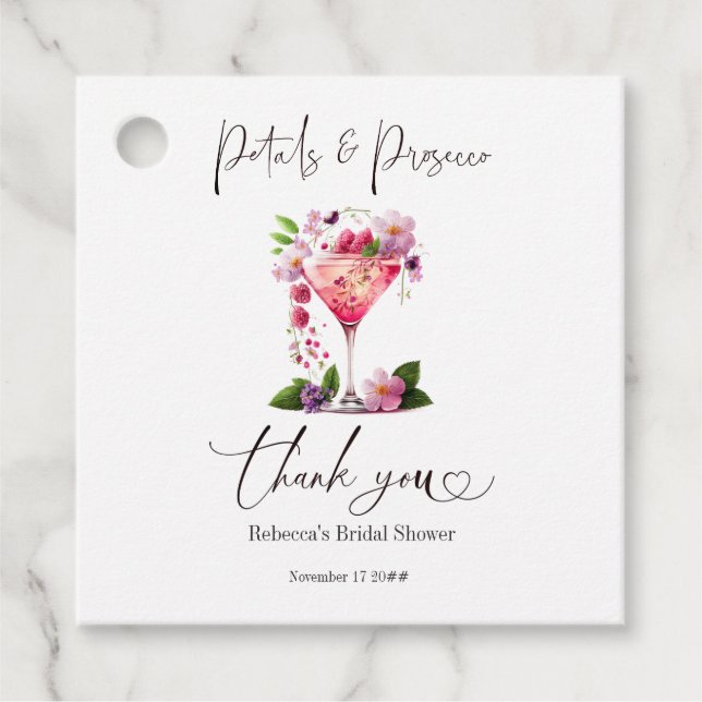 Petals & Prosecco Blush Pink Brautparty Geschenkanhänger (Vorderseite)