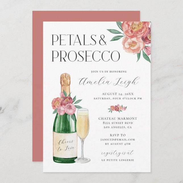 Petals & Prosecco Blush Pink Floral Einladung (Vorne/Hinten)