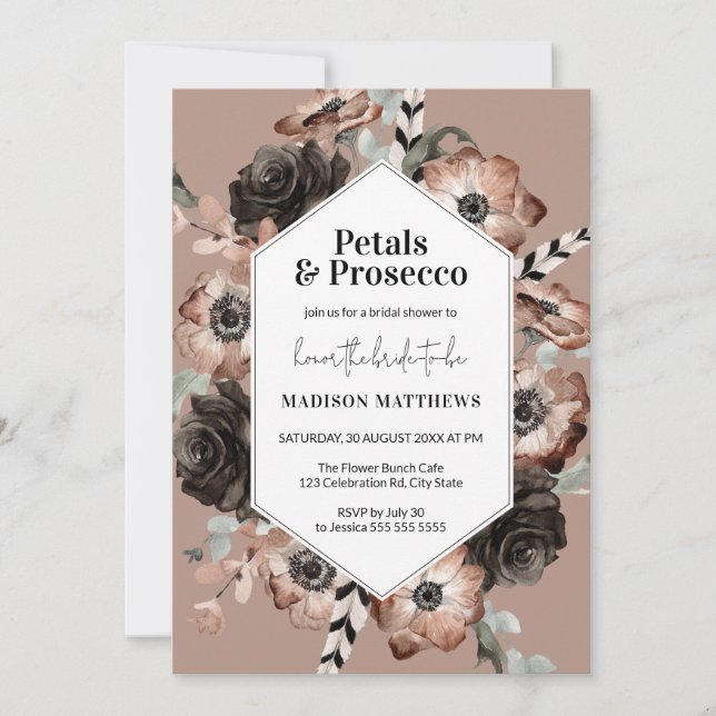 Petals & Prosecco Boho Blush Pink Brautparty Einladung (Vorderseite)