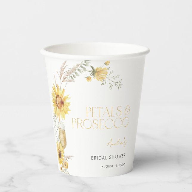 Petals & Prosecco Boho Sunflower Bridal Shower Pappbecher (Vorderseite)
