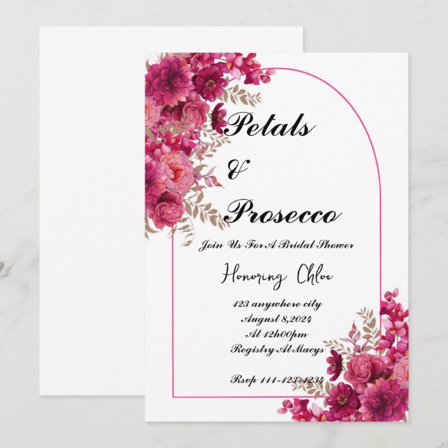 PETALS & PROSECCO BRIDAL SHOWING INVITATION, PINK EINLADUNG (Vorne/Hinten)