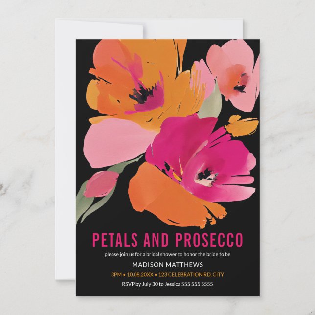Petals & Prosecco Bright Abstrakte Blütenschwarze Einladung (Vorderseite)