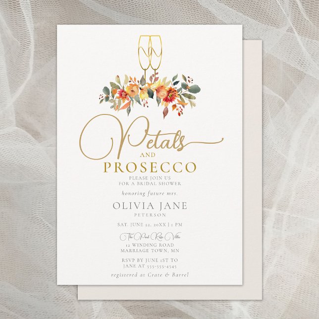 Petals Prosecco Herbstgoldene Herbst-Brautparty Einladung (petals prosecco fall bridal shower invitation autumn gold leaves foliage floral elegant rustic boho)