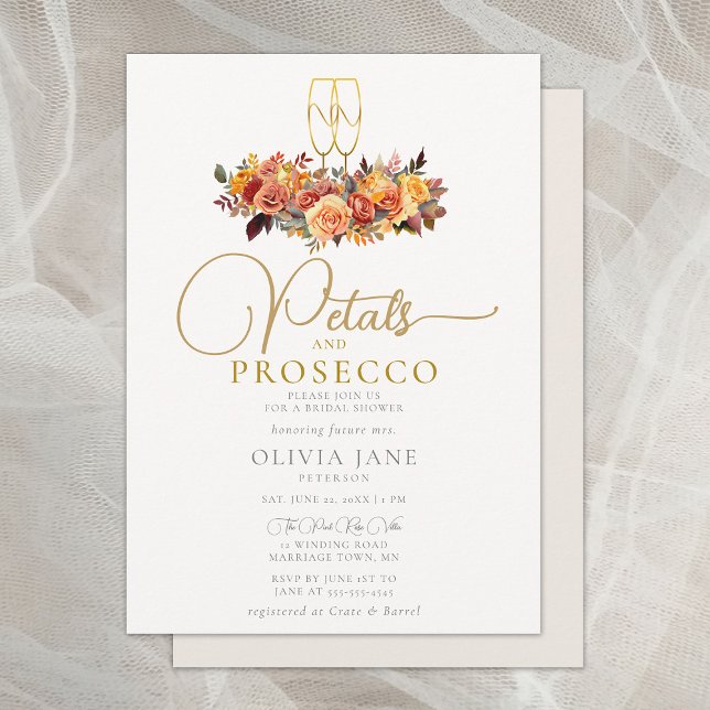 Petals Prosecco Herbstliche Rose Fall Brautparty Einladung (petals prosecco fall leaves roses bridal shower invitation elegant rustic boho autumn gold botanical)