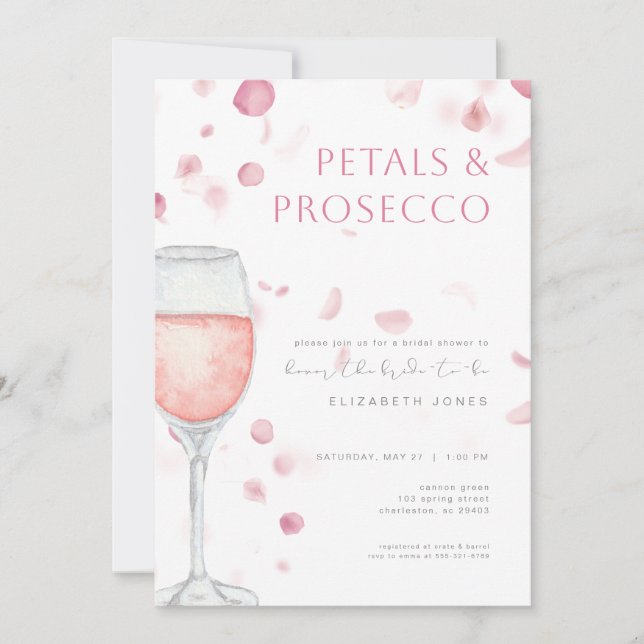 Petals & Prosecco Pink Bridal Dusche Einladung (Vorderseite)