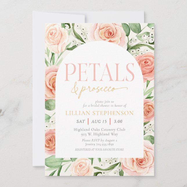 Petals & Prosecco Pink Floral Arch Bridal Shower Einladung (Vorderseite)