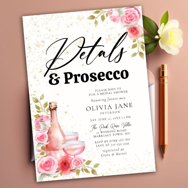 Petals Prosecco Pink Roses Gold Brautparty Einladung (Von Creator hochgeladen)