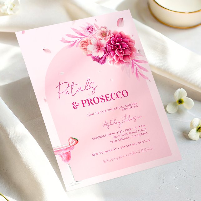 Petals & Prosecco Pink Script Brautparty Einladung (Von Creator hochgeladen)