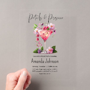Petals & Prosecco Rosafarbenes Florales Brautbad Acryleinladungen