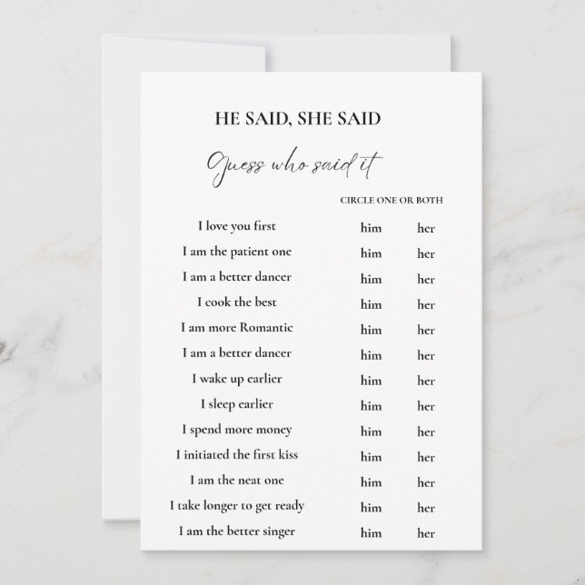 Petals sagte er, sie sagte Brautparty Game Card (Vorderseite)