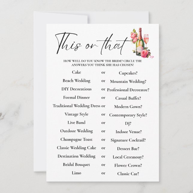 Petals This or that Brautparty Game Card (Vorderseite)